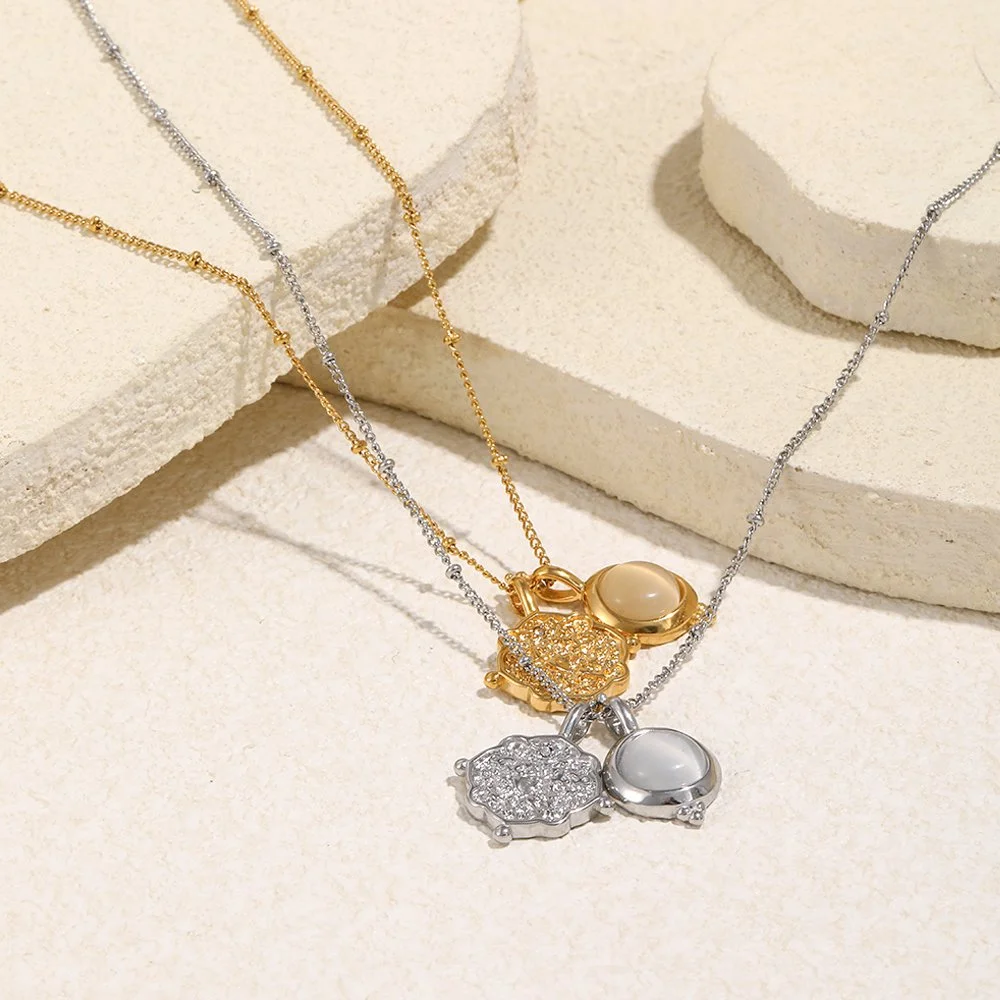 White Jade Round Pendant Gold-Plated Stainless Steel Necklace for Women