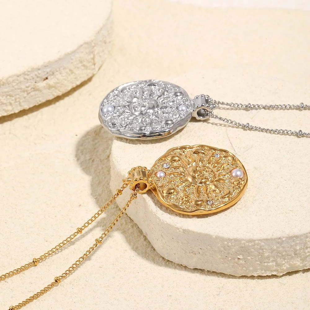 Sun & Moon Pearl Pendant Gold-Tone Stainless Steel Necklace for Women