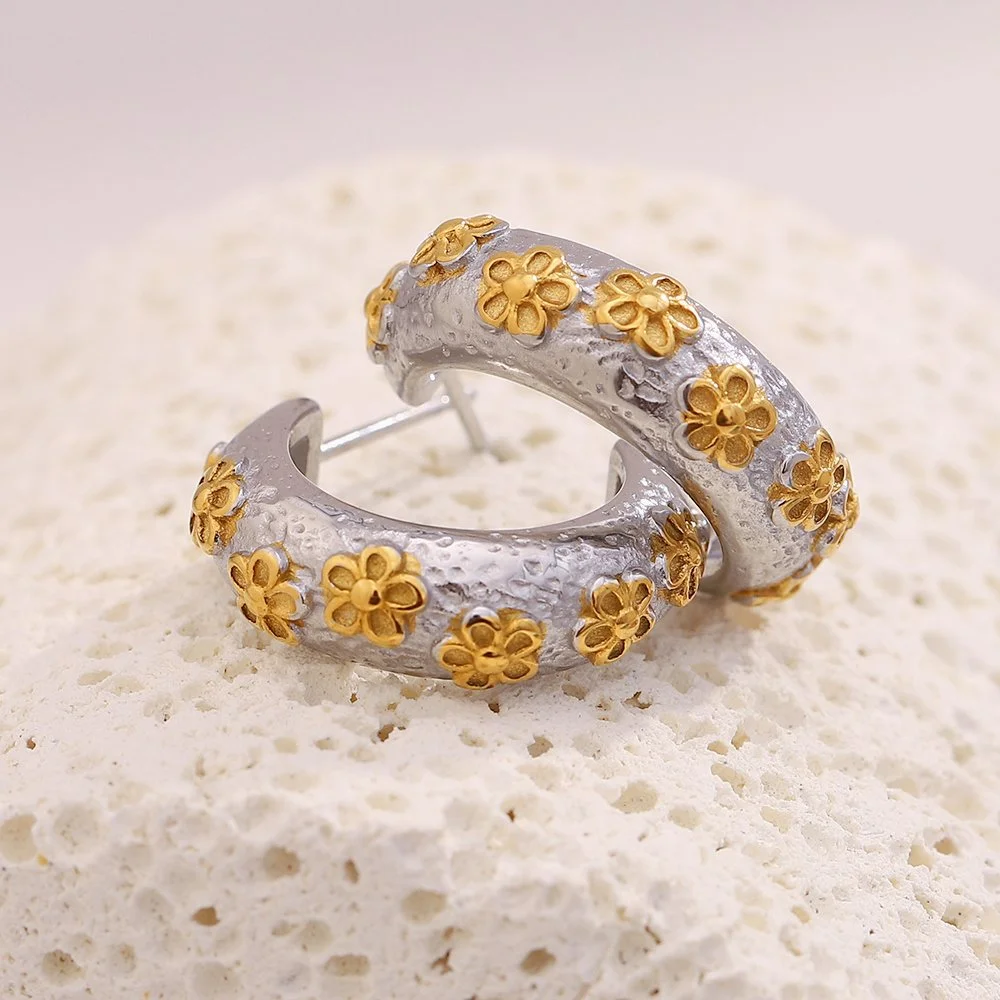 Mixed Color Floral C-Shaped Gold-Plated Stainless Steel Stud Earrings