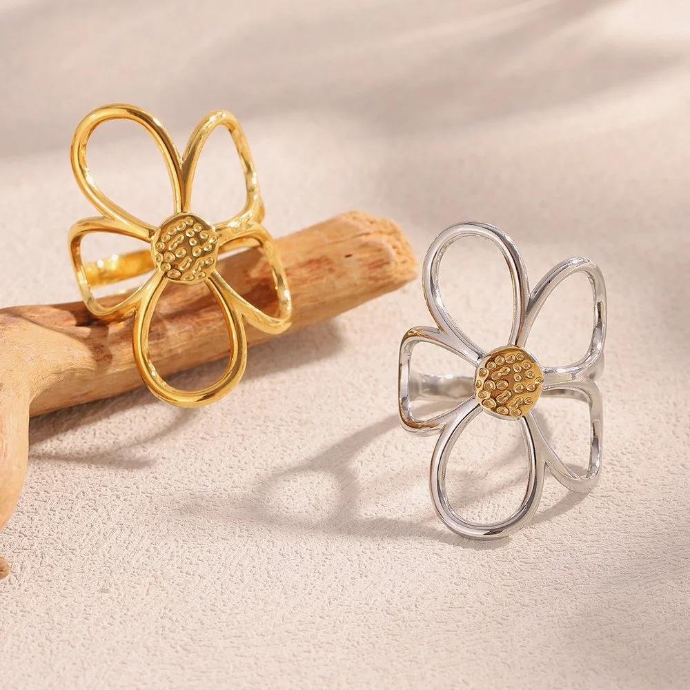Mixed Color Floral Line Gold-Plated Stainless Steel Ring for Women
