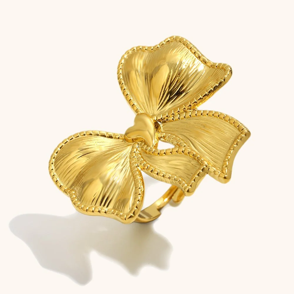 Textured Bow Open Ring in 18K Gold Plated Stainless Steel