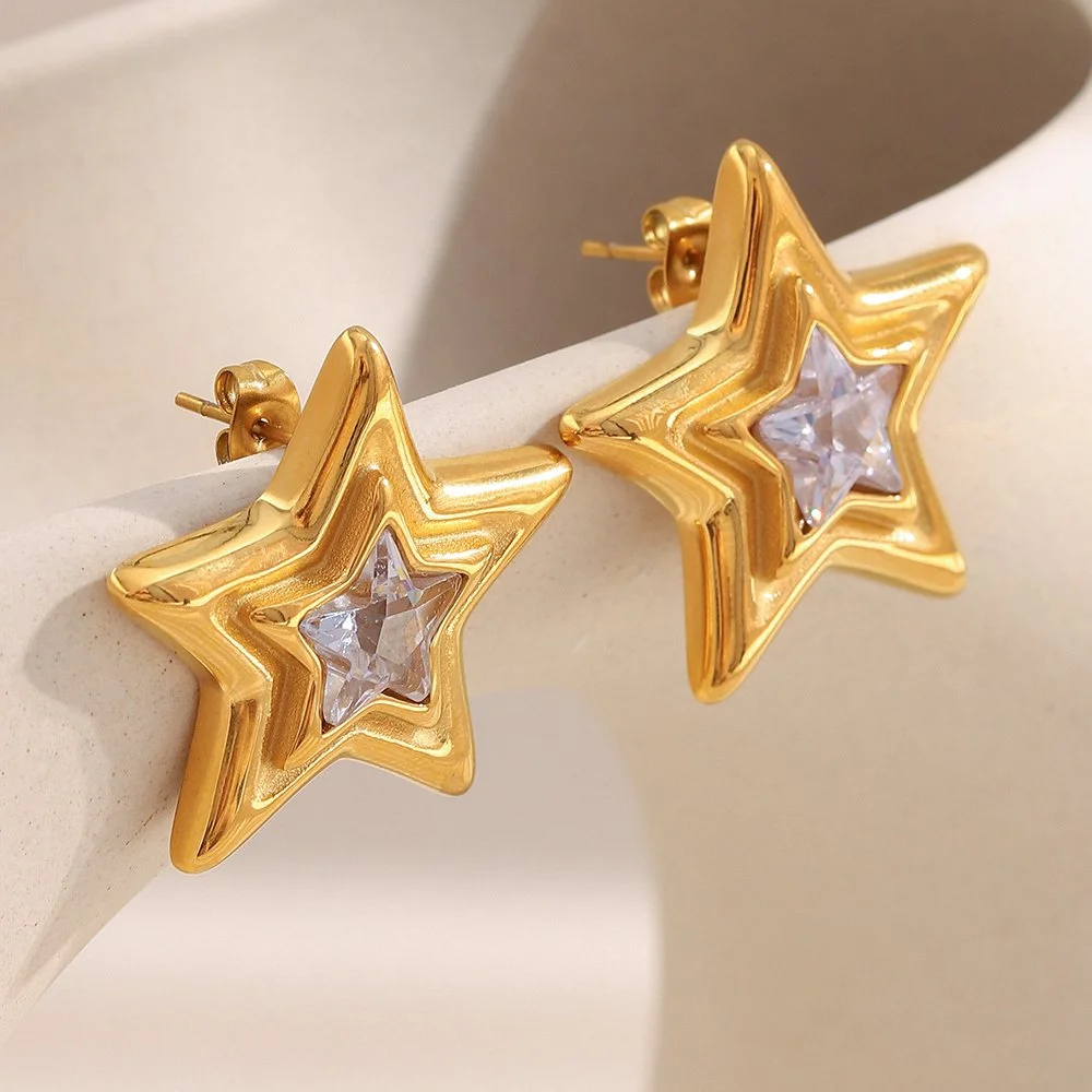 Gold Star Stud Earrings with Cubic Zirconia – Waterproof Stainless Steel