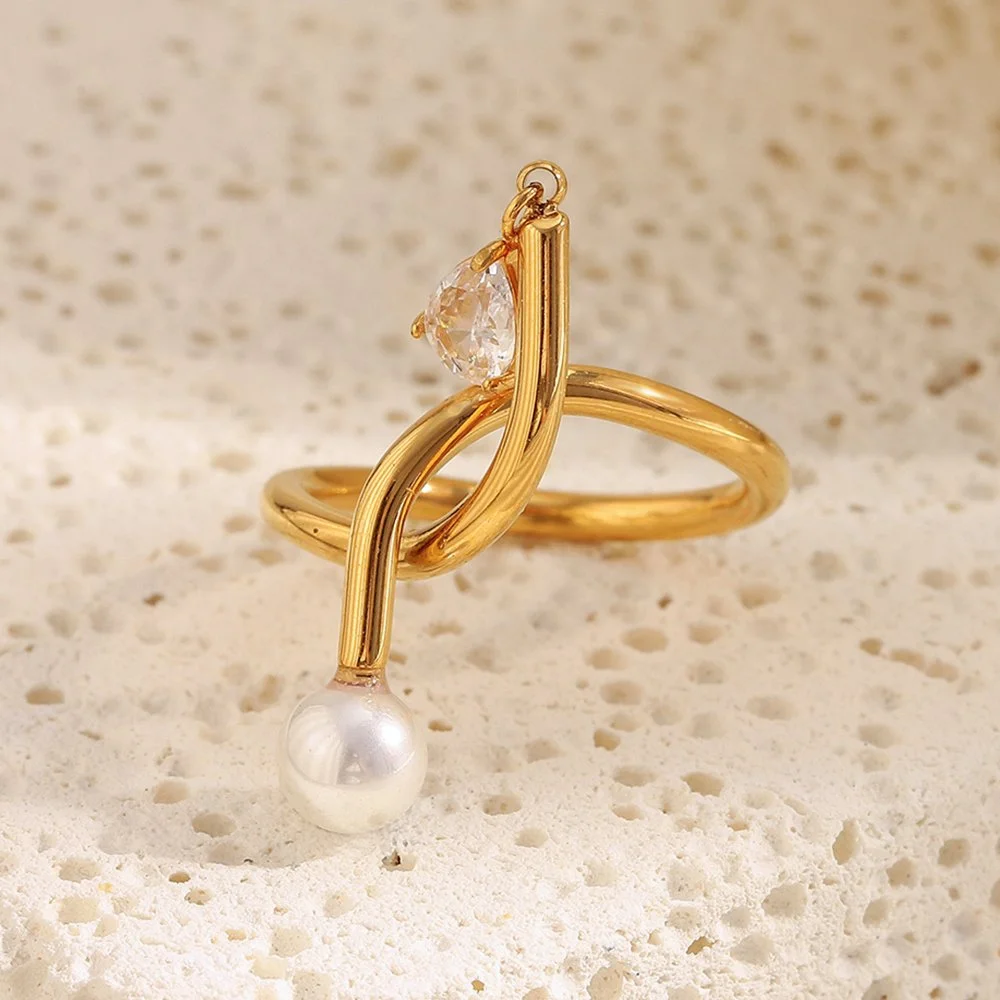 Minimalist Knotted Tassel Zircon Pearl Open Ring in Gold-Tone Steel