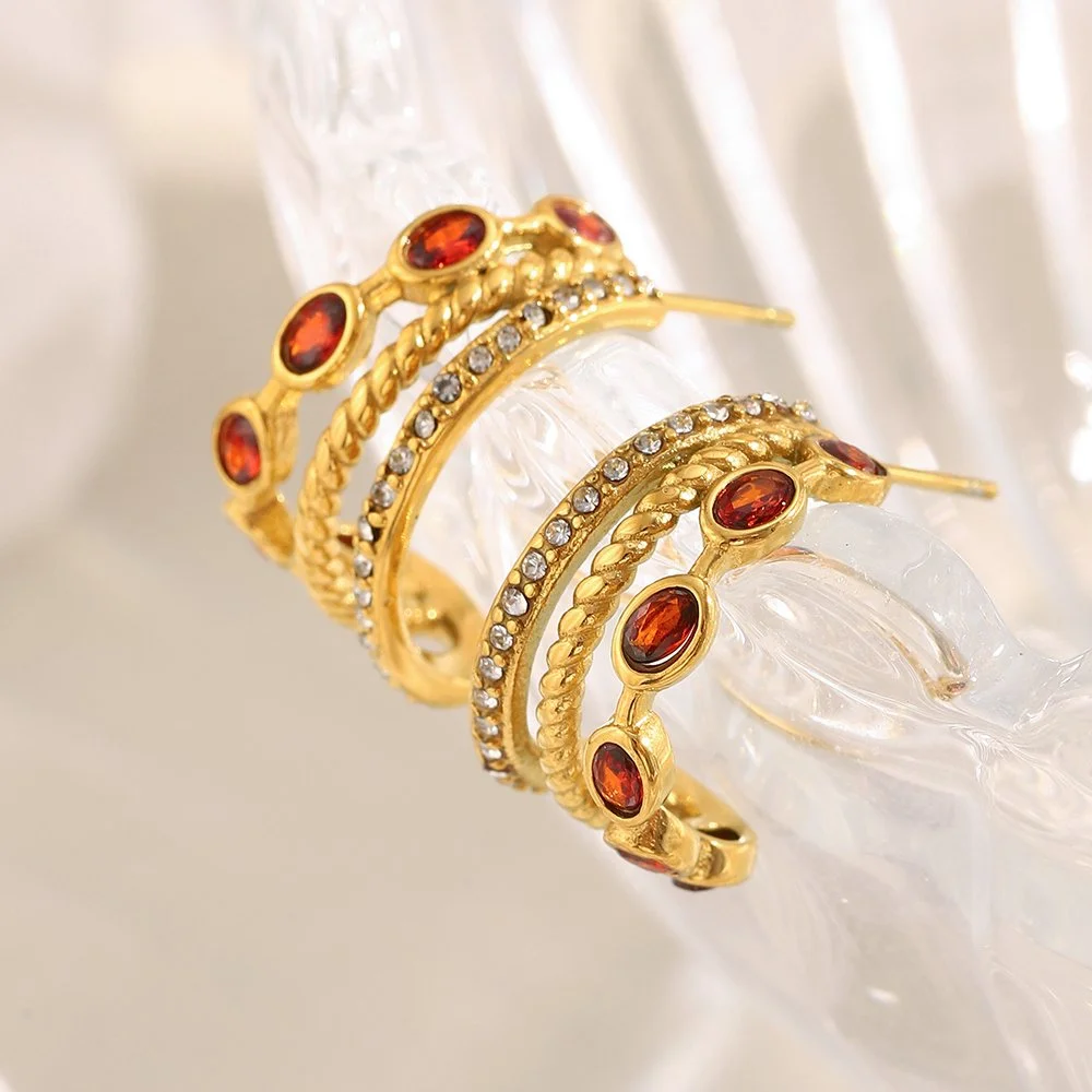 Vintage C-Shape Red Zircon Triple-Layer Gold-Tone Stud Earrings