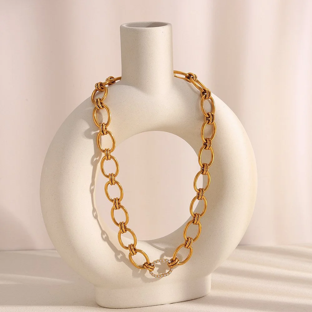 Exaggerated Circular Chain Zircon Necklace – Gold-Plated Stainless Steel