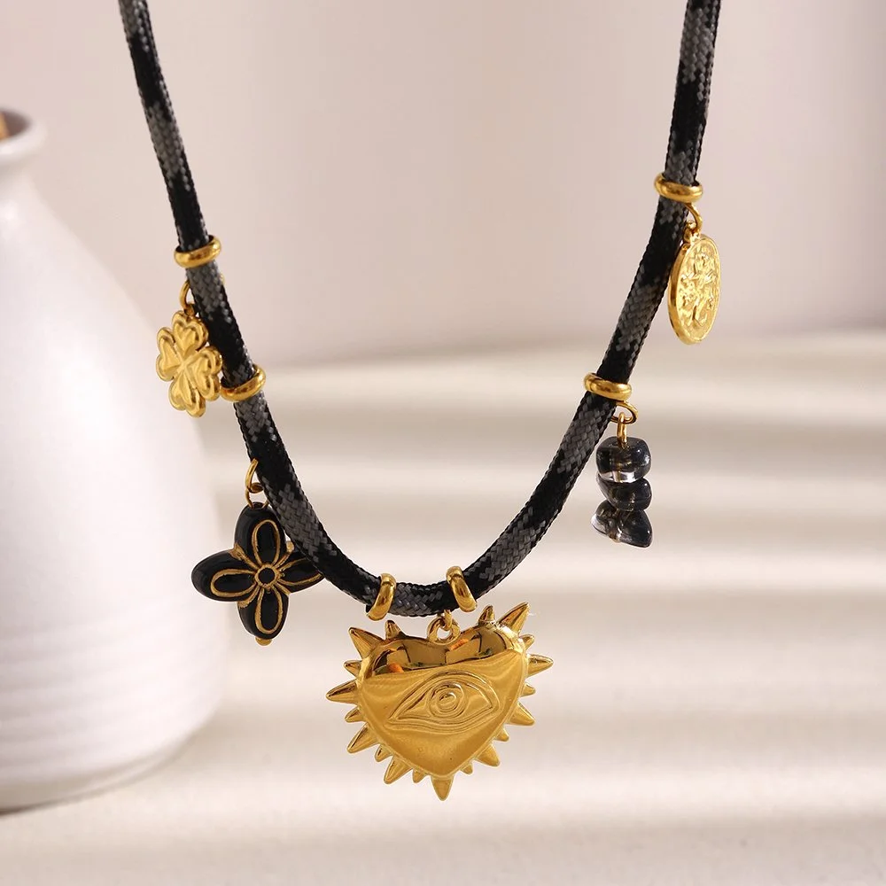 Woven Leather Rope Heart Eye Drop Necklace – Gold-Plated Statement Jewelry