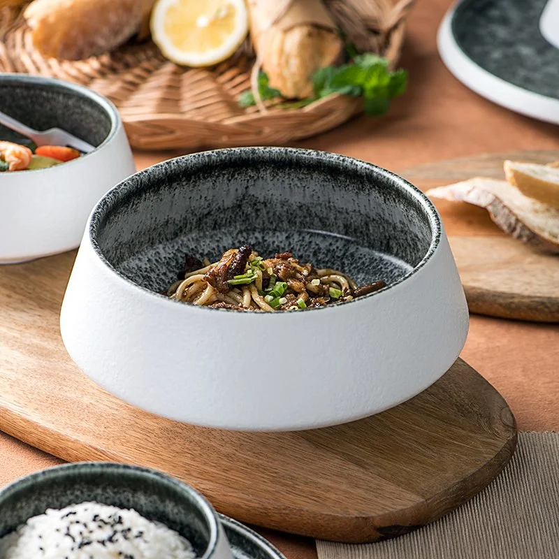 Round Grey Ceramic Bowls with Ice Cracked Glaze - Elegant Tableware