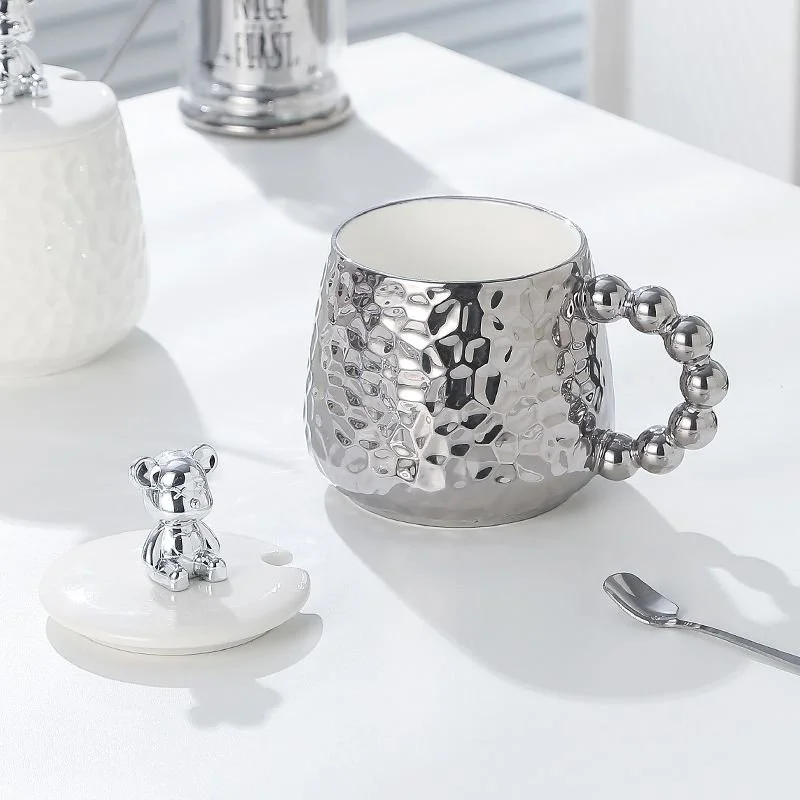 European Style Silver Bear Ceramic Couple Coffee Mug Set