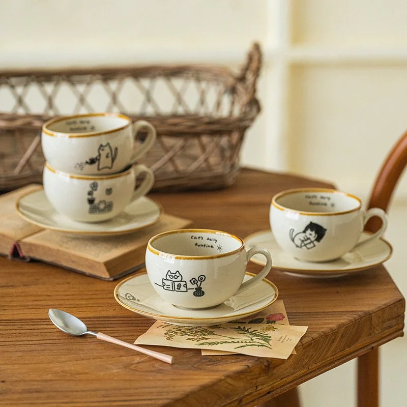 Charming Cat-Inspired Ceramic Coffee Cup & Saucer Set – Handcrafted Underglaze Design