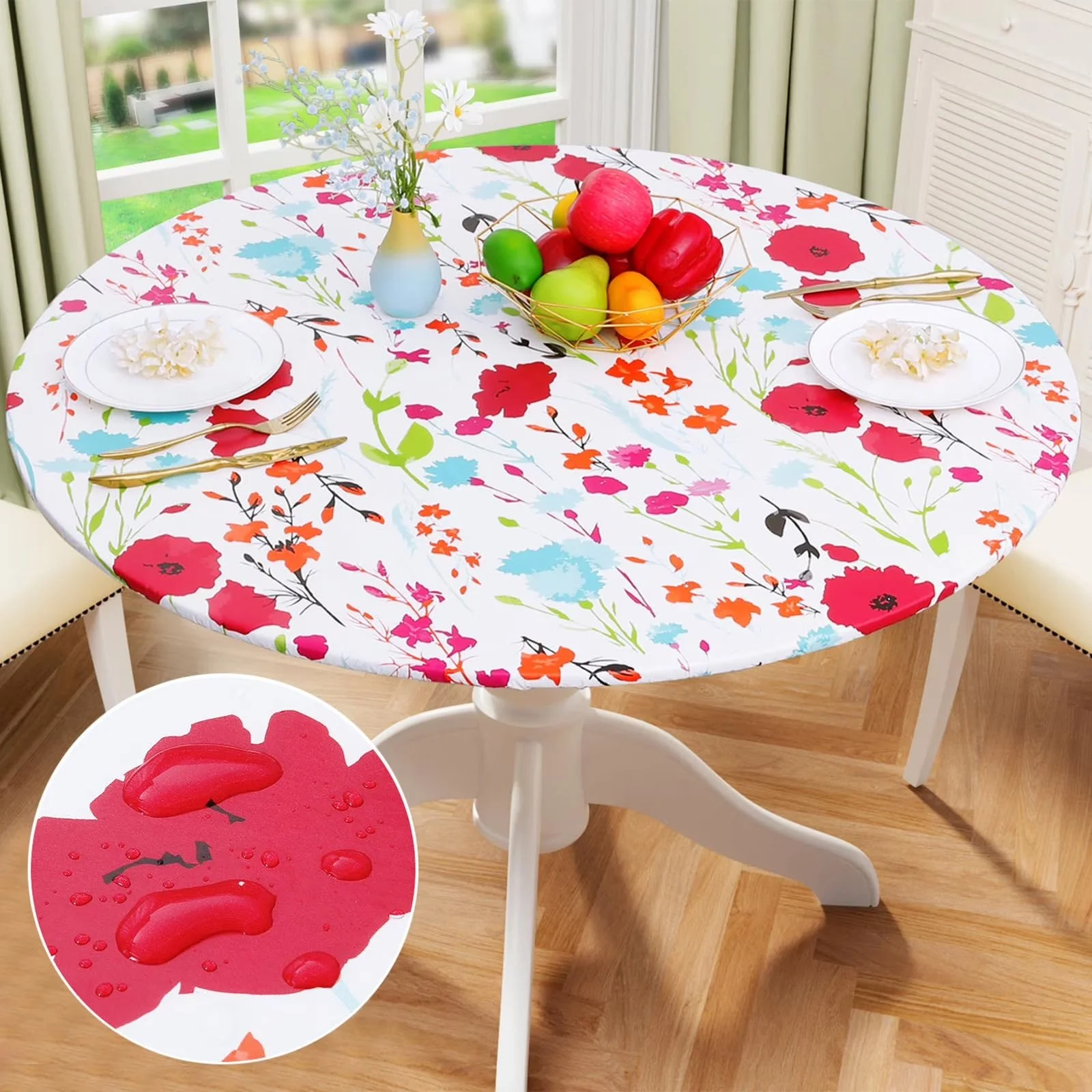 Elastic Waterproof Round Tablecloth with Fitted Flannel Backing – Wipeable, Non-Slip & Durable Cover for Dining, Camping & Parties