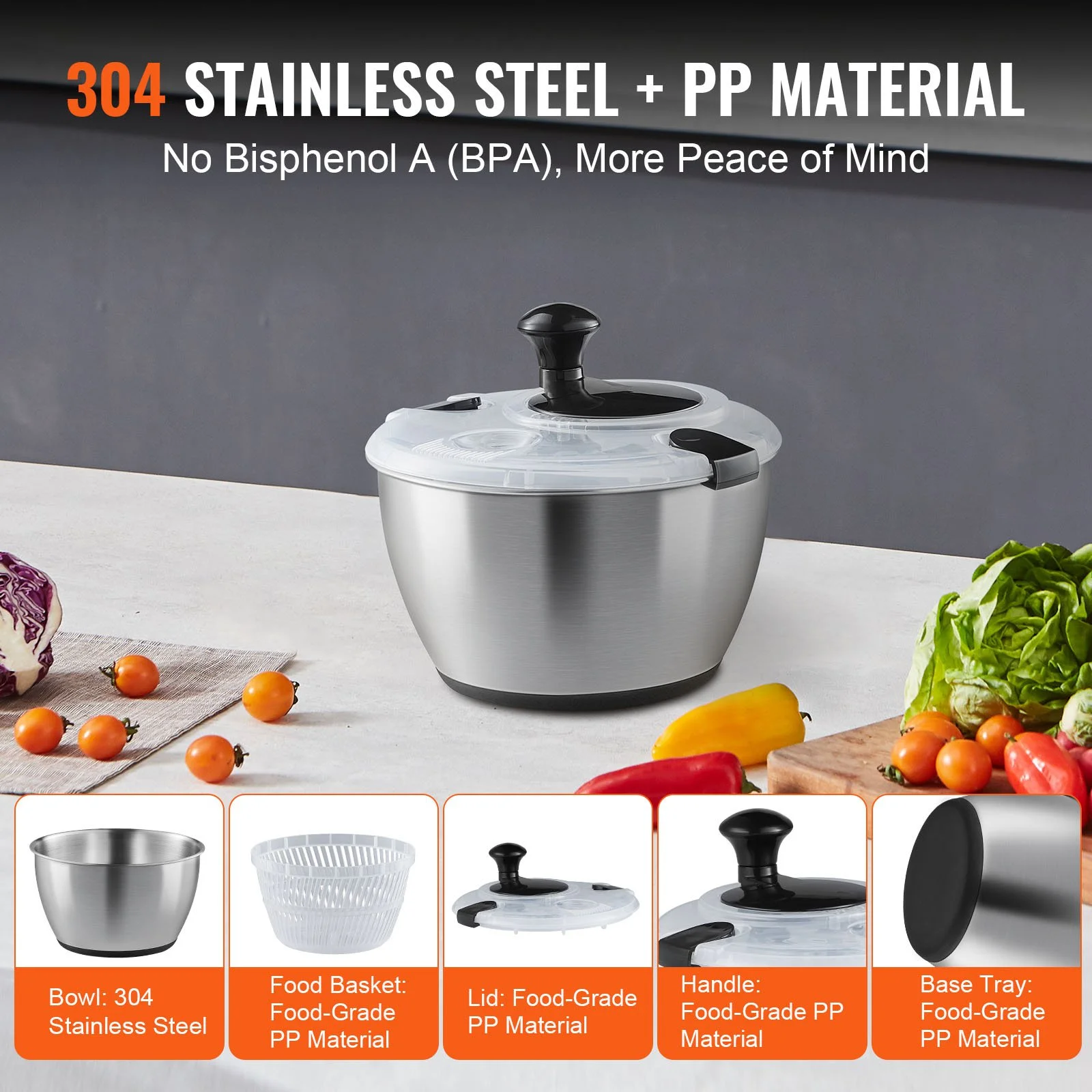 Stainless Steel Salad Spinner – Easy One-Hand Press Lettuce & Vegetable Dryer 4.75Qt