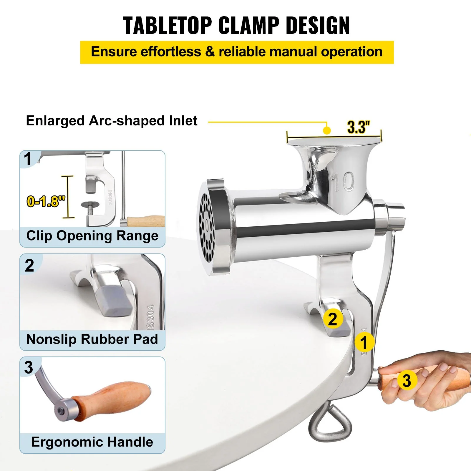 Manual Stainless Steel Meat Grinder with Sausage Maker and Table Clamp