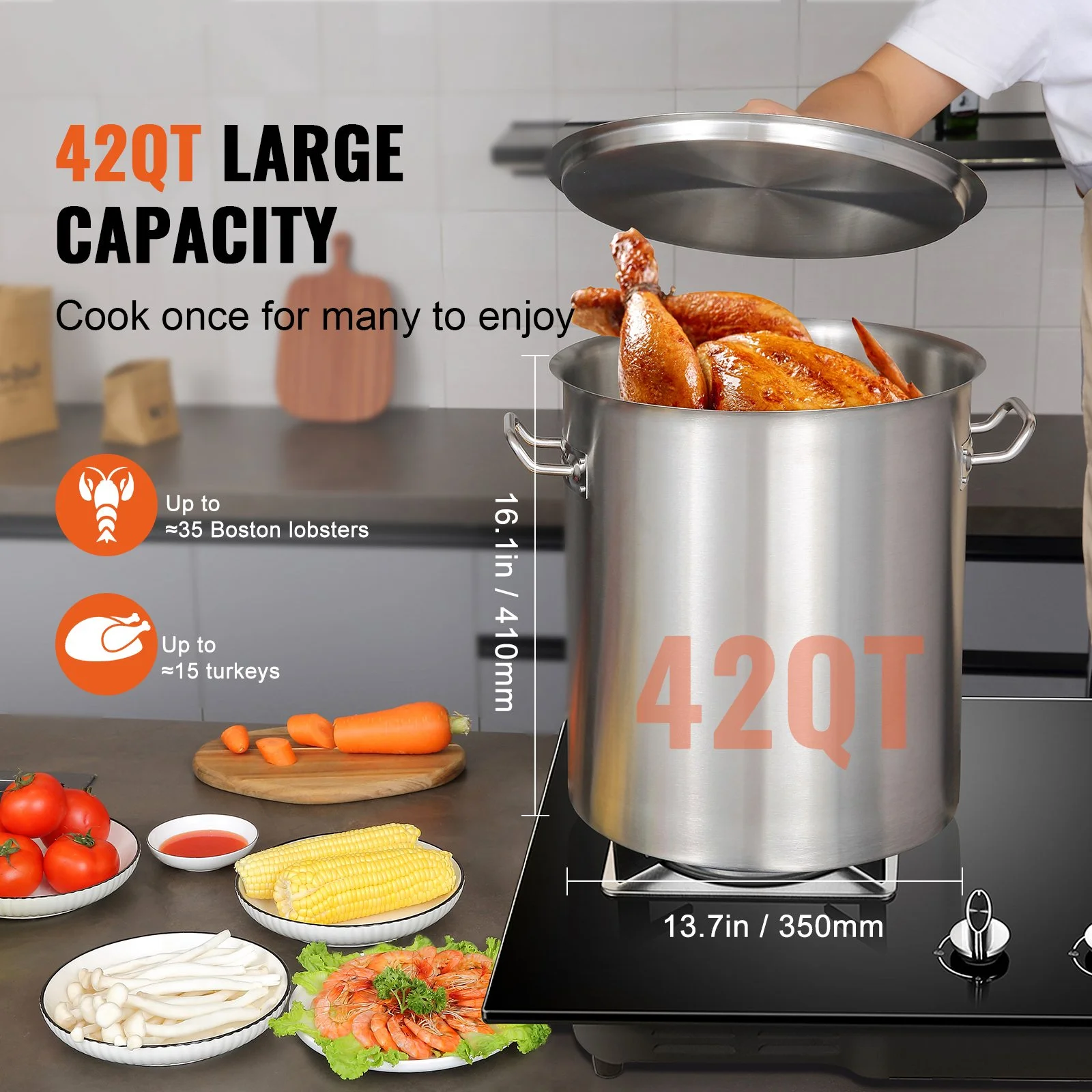 42QT Stainless Steel Stockpot with Strainer Lid – Large Commercial Cookware Pot