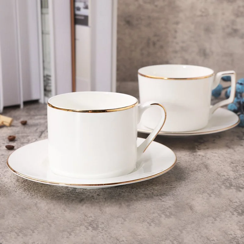 Elegant Nordic White Bone China Coffee Cup with Gold Rim & Matching Saucer