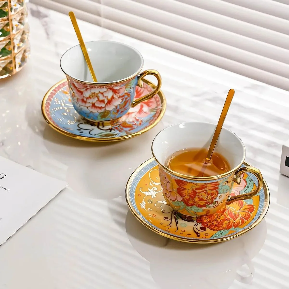 Vintage Floral Porcelain Tea & Coffee Cup Set with Saucer and Scoop