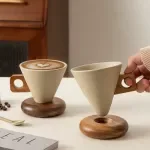 Elegant Vintage Ceramic Coffee Cup with Wooden Plate – Exquisite Pottery Mug Set