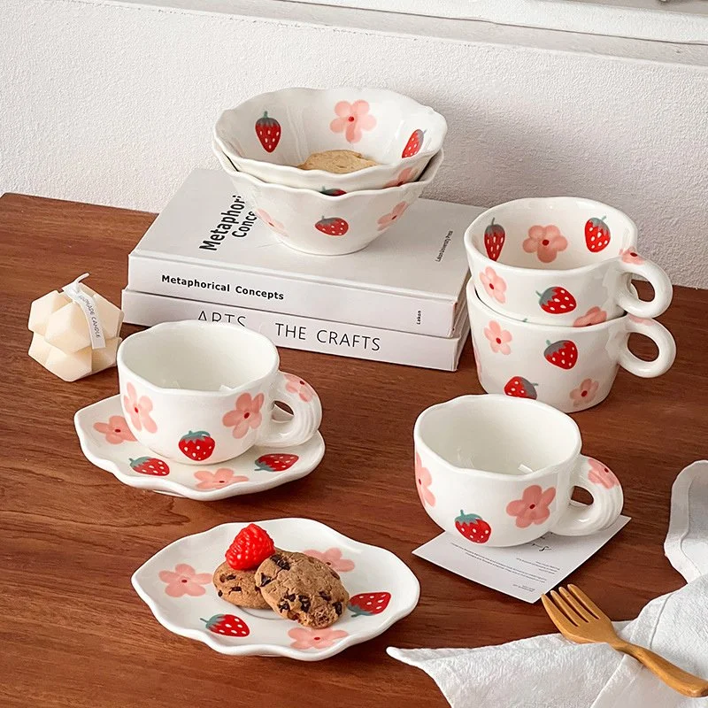 300ml Strawberry Blossom Ceramic Coffee Cup & Saucer – Cute Pottery Mug