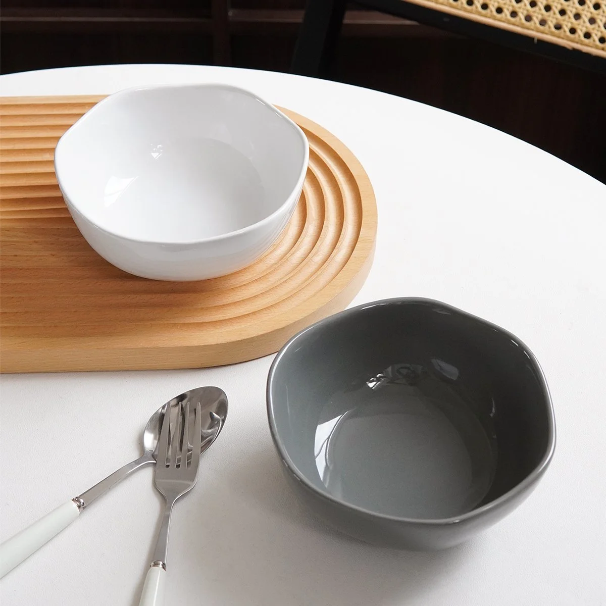 Asymmetrical Ceramic Bowl - Minimalist Solid Color Dinner & Fruit Bowl