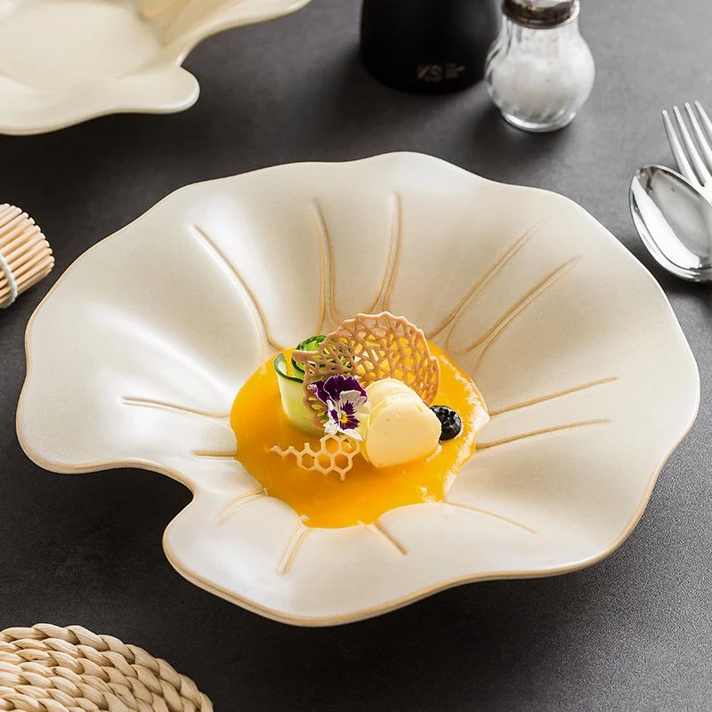 Lotus Leaf Ceramic Dinner Plate and Soup Bowl for Home Dining