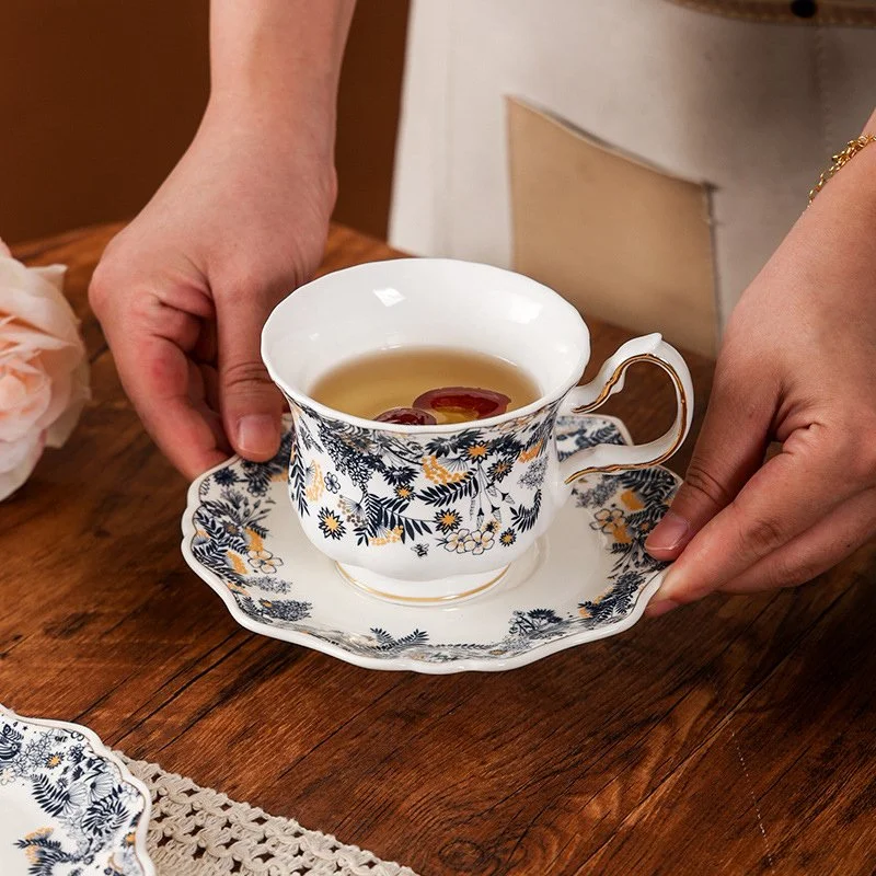 Retro Blue and White Gold-Trimmed Ceramic Coffee Cup & Saucer Set