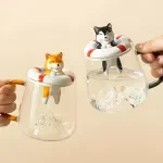 Cute Dog Glass Mug with Lid & Spoon – Cartoon Animal Coffee Cup Gift