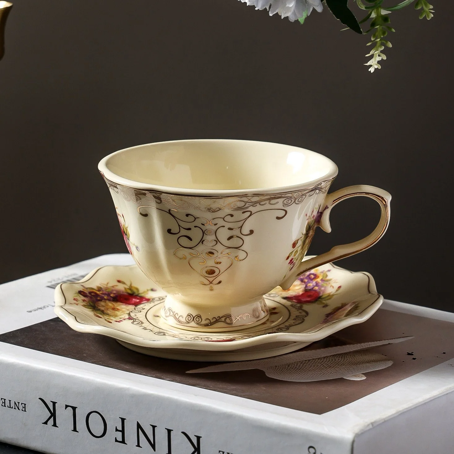 Luxury English Rose Ceramic Coffee Cup and Saucer Set