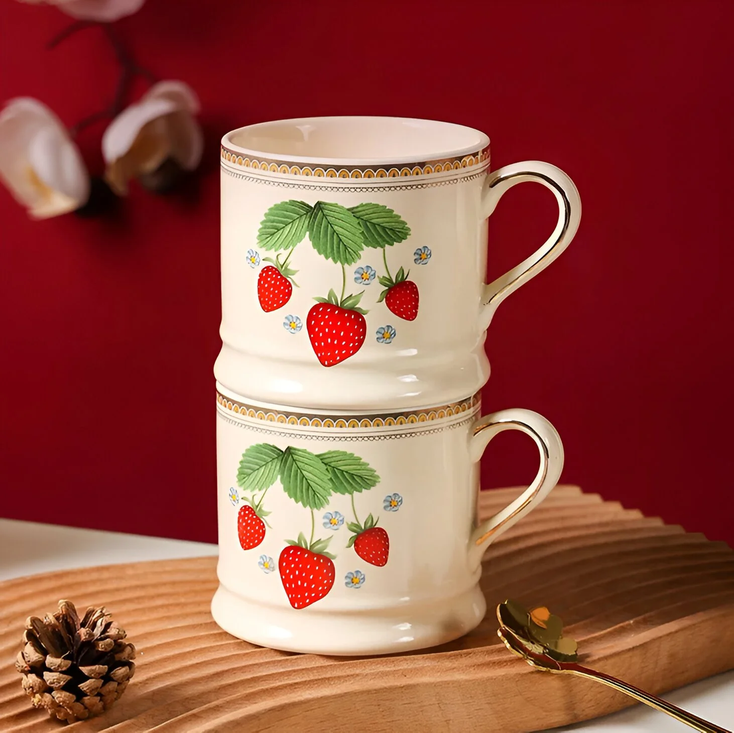 French Retro Strawberry Ceramic Mug - Hand-painted European Coffee Cup