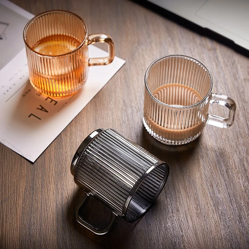 Japanese-Style Striped Glass Mug with Bamboo Lid – 12oz Coffee, Milk & Juice Cup