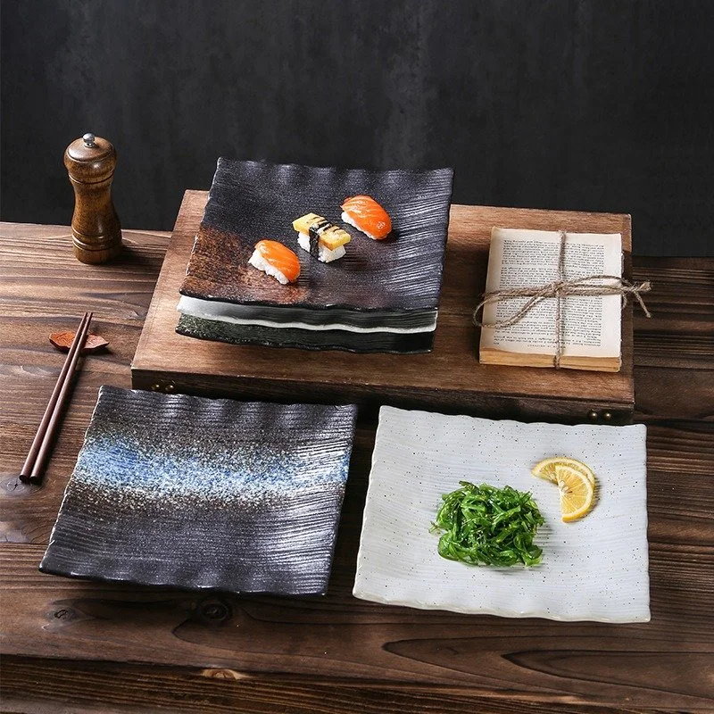 Japanese Ceramic Square Plate – 9 Inch Handmade Stone Pattern Tableware