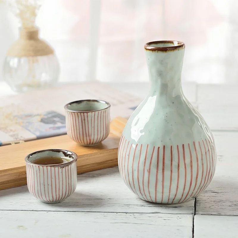 Japanese Ceramic Sake Set with Hand-Painted Pot and 4 Cups