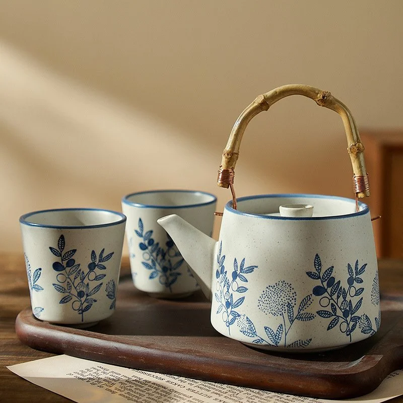 Japanese Retro Ceramic Tea Set with Bamboo Handle