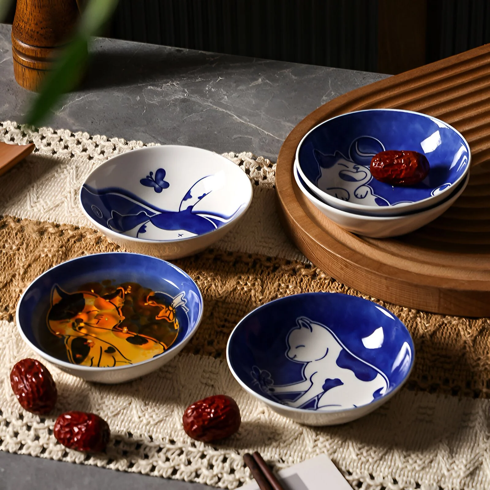 Japanese Blue & White Hand-Painted Cat Ceramic Seasoning Dish