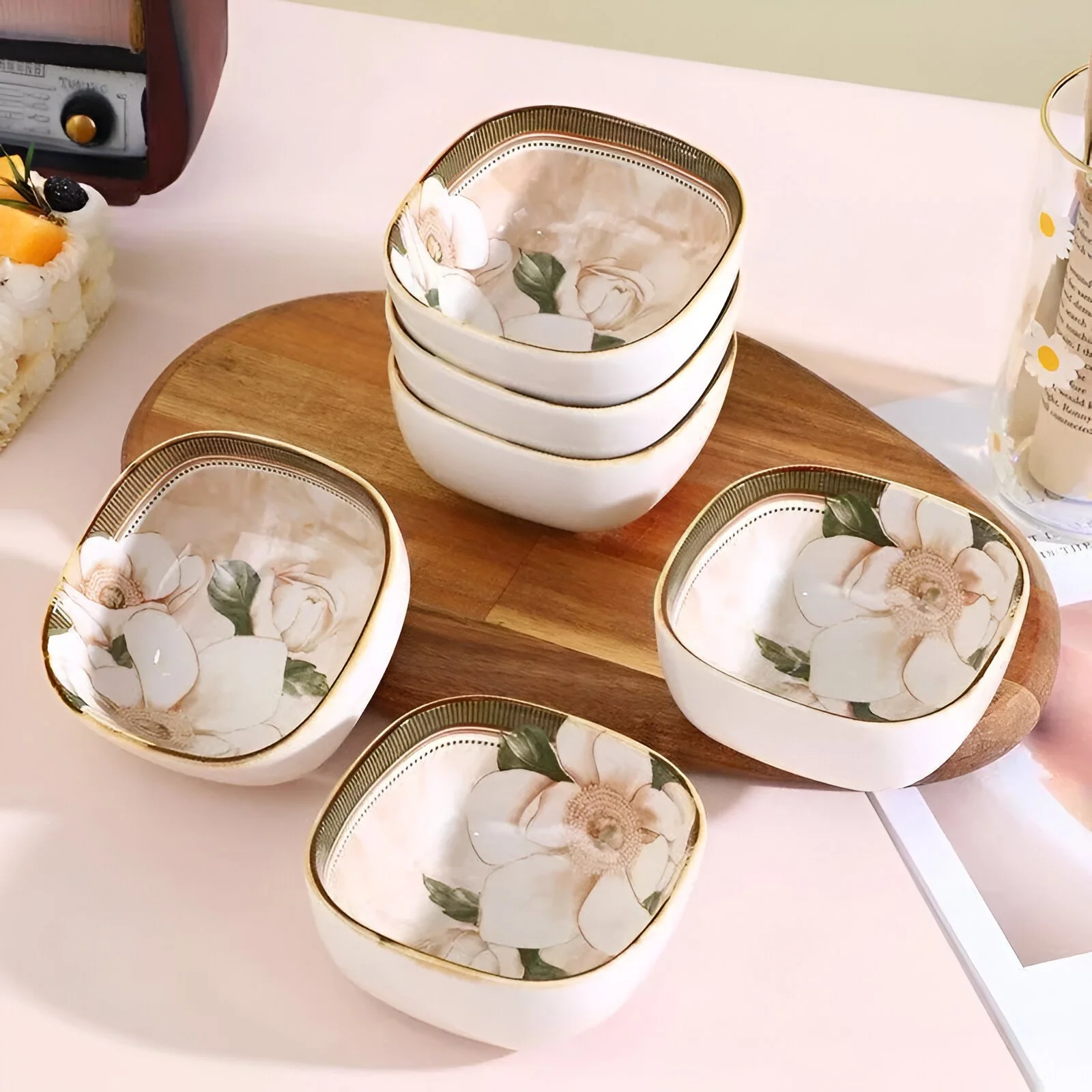 Japanese Retro Camellia Ceramic Sauce Dish – Handmade Square Seasoning Bowl