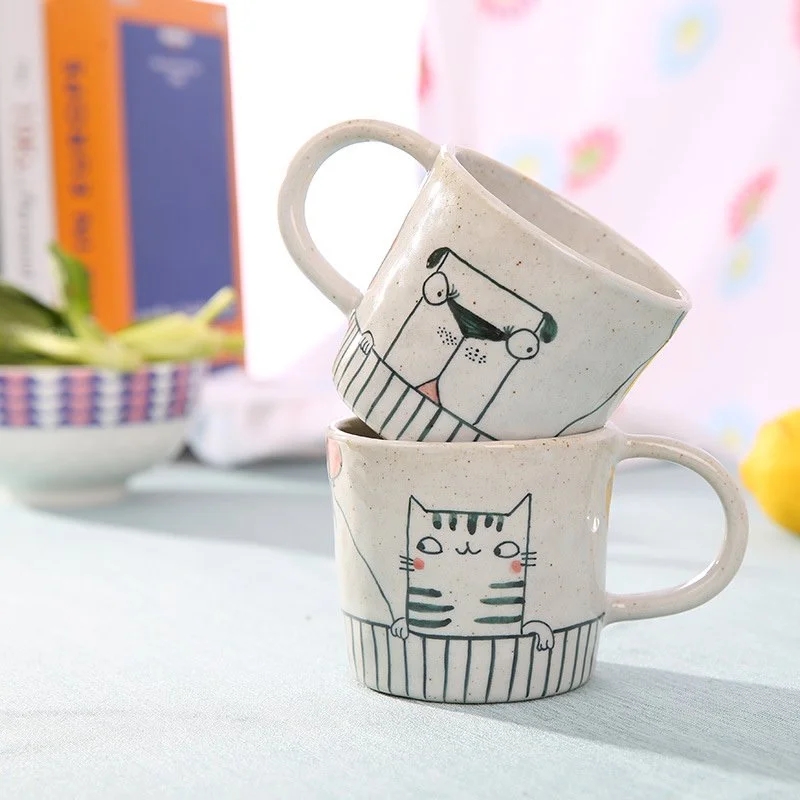Korean Hand-Painted Cat & Dog Ceramic Mug – Cute Cartoon Coffee Cup