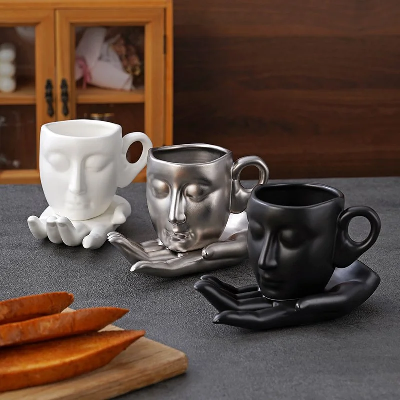 280ml Creative Face Shape Ceramic Coffee Cup with Tray & Spoon