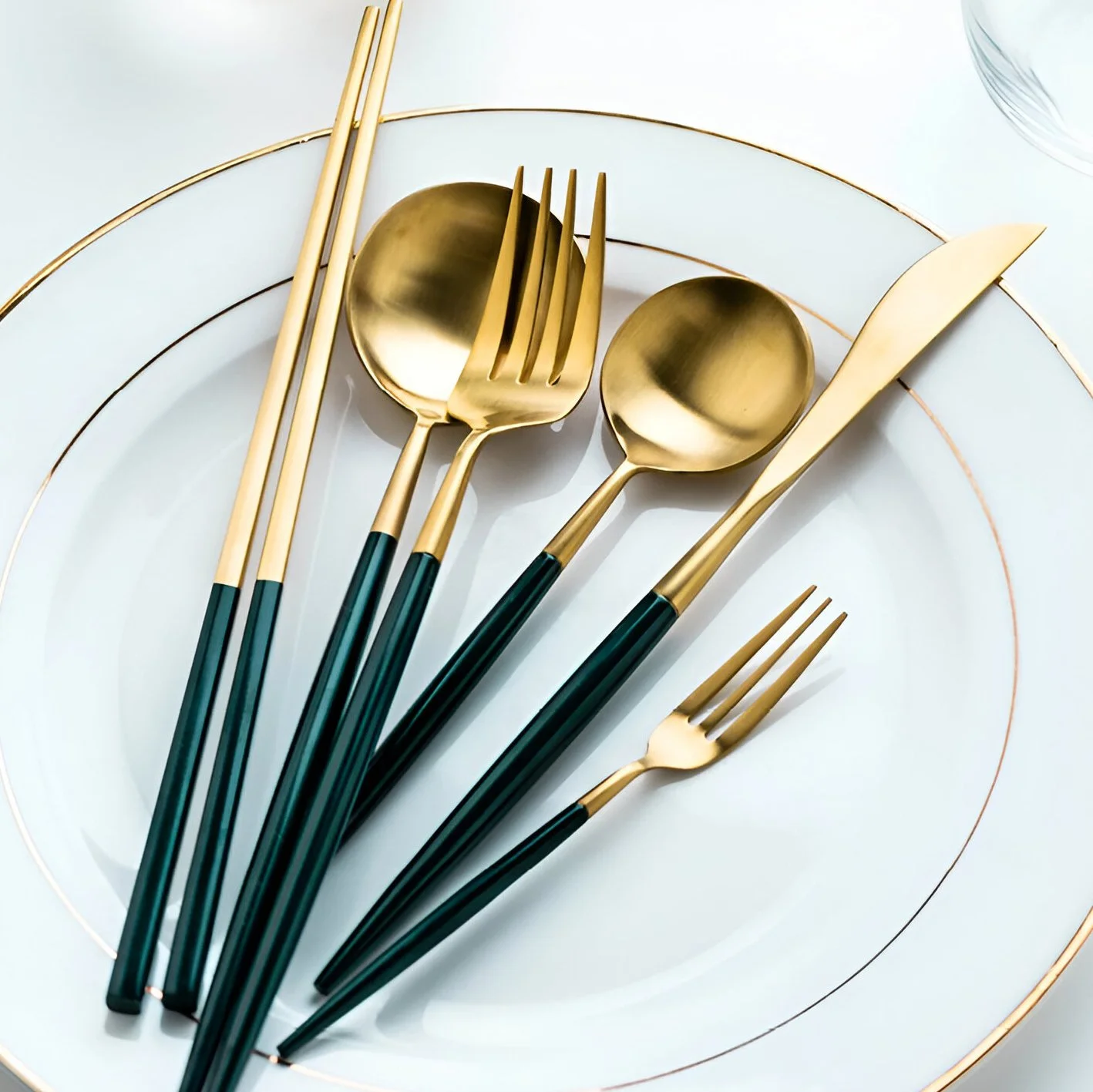 Elegant Green Golden Stainless Steel Cutlery Set – Modern European Tableware