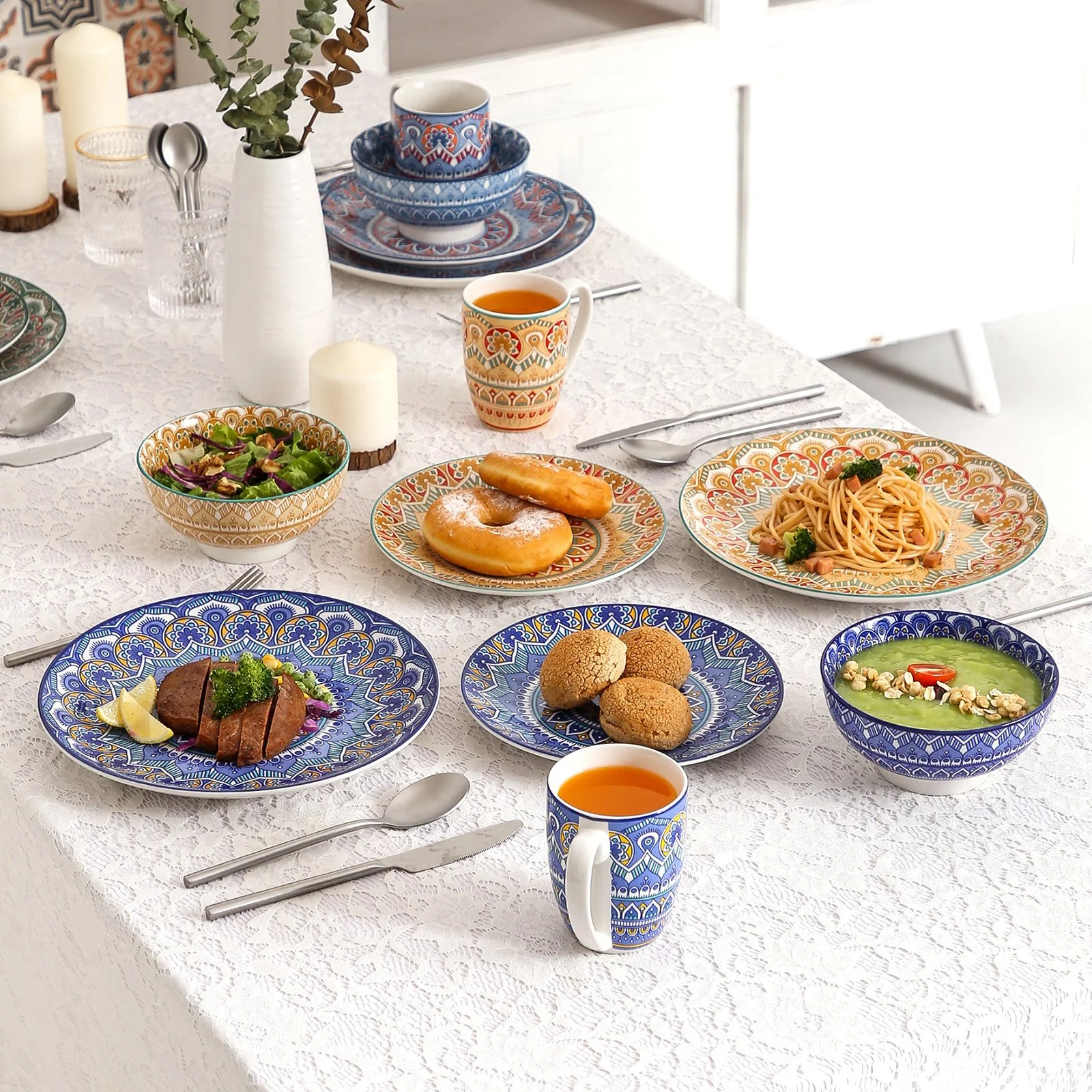 16-Piece Ceramic Dinnerware Set with Bohemian Mandala Pattern