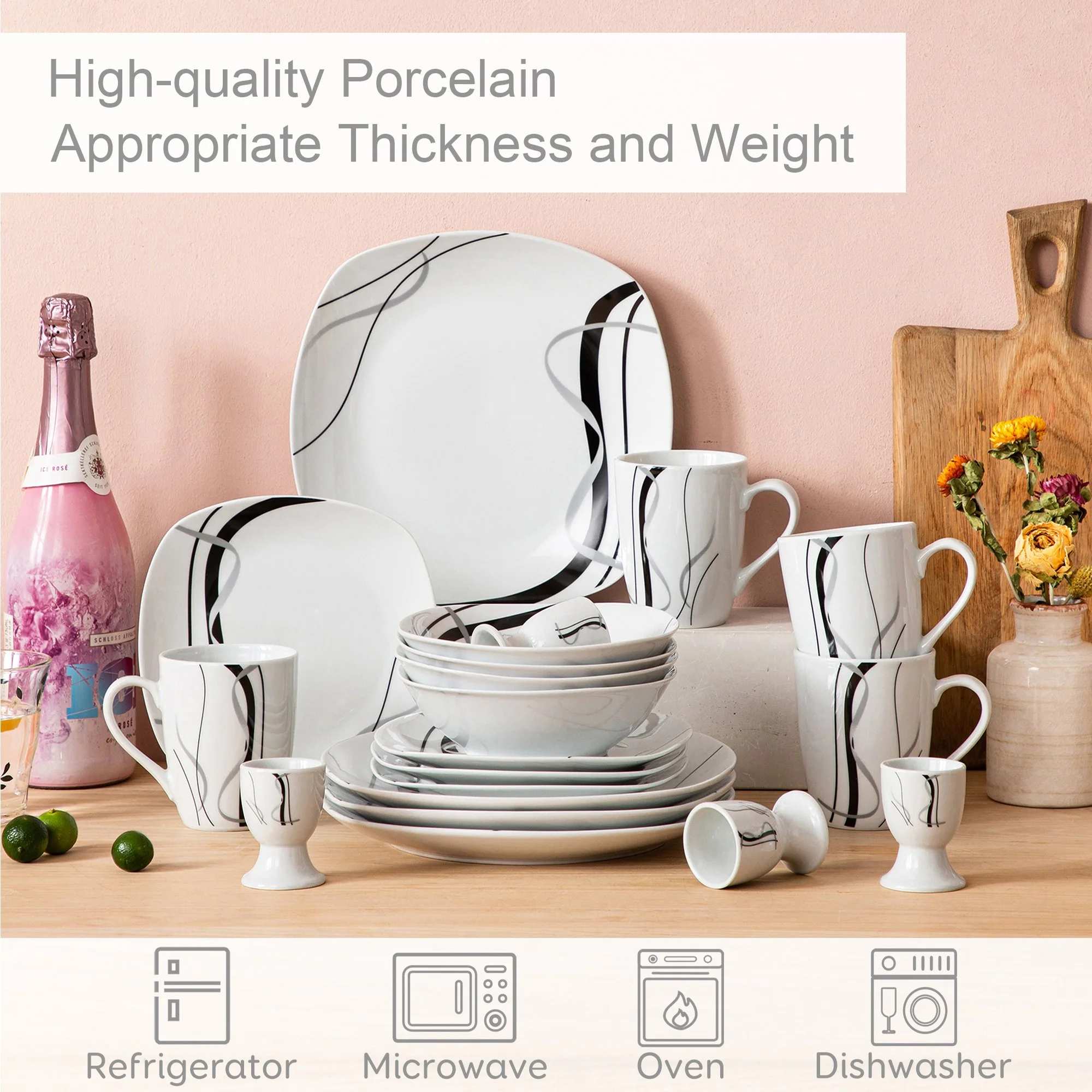 20-Piece Black Stripe Porcelain Dinnerware Set with Plates, Bowls & Mugs