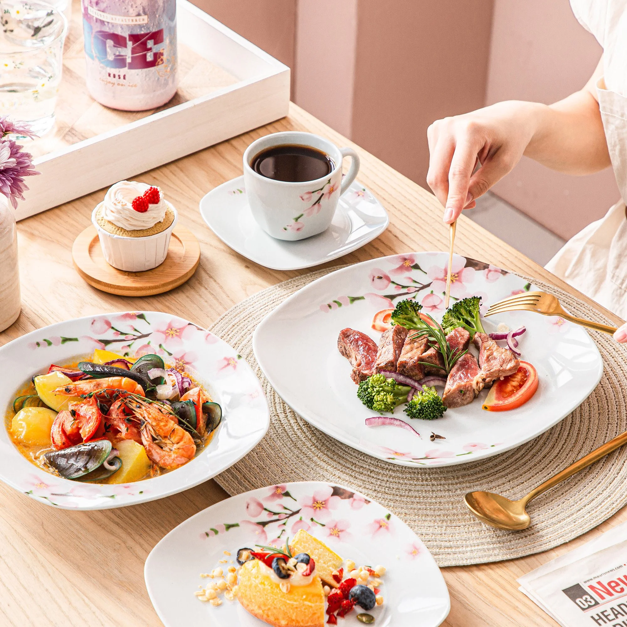 30-Piece Pink Floral Porcelain Dinnerware Set for 12 People