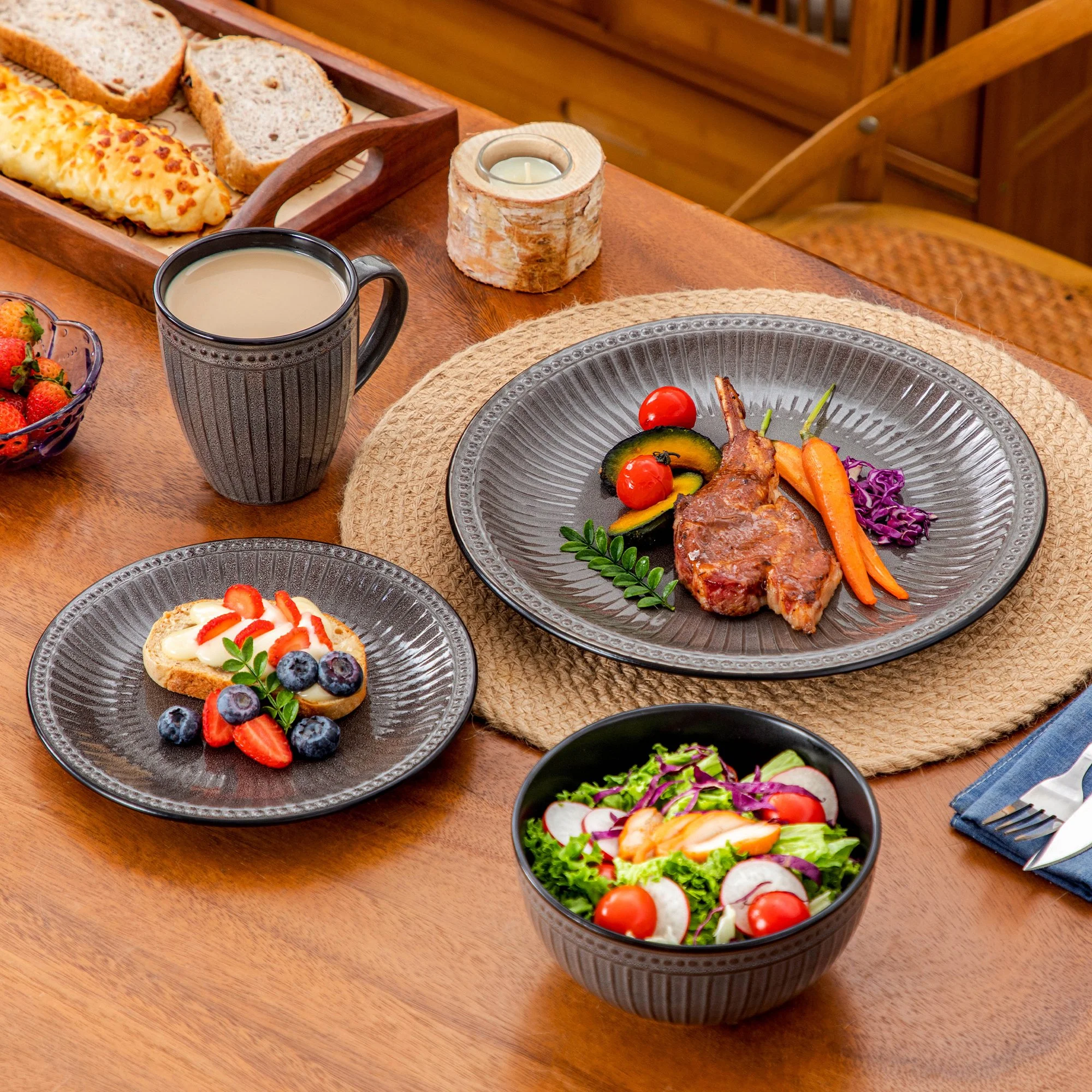 16-Piece Black Relief Ceramic Dinnerware Set
