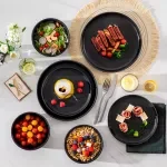 18 PCS Black Reactive Glaze Stoneware Dinnerware Set - Plates & Bowls, Microwave Safe