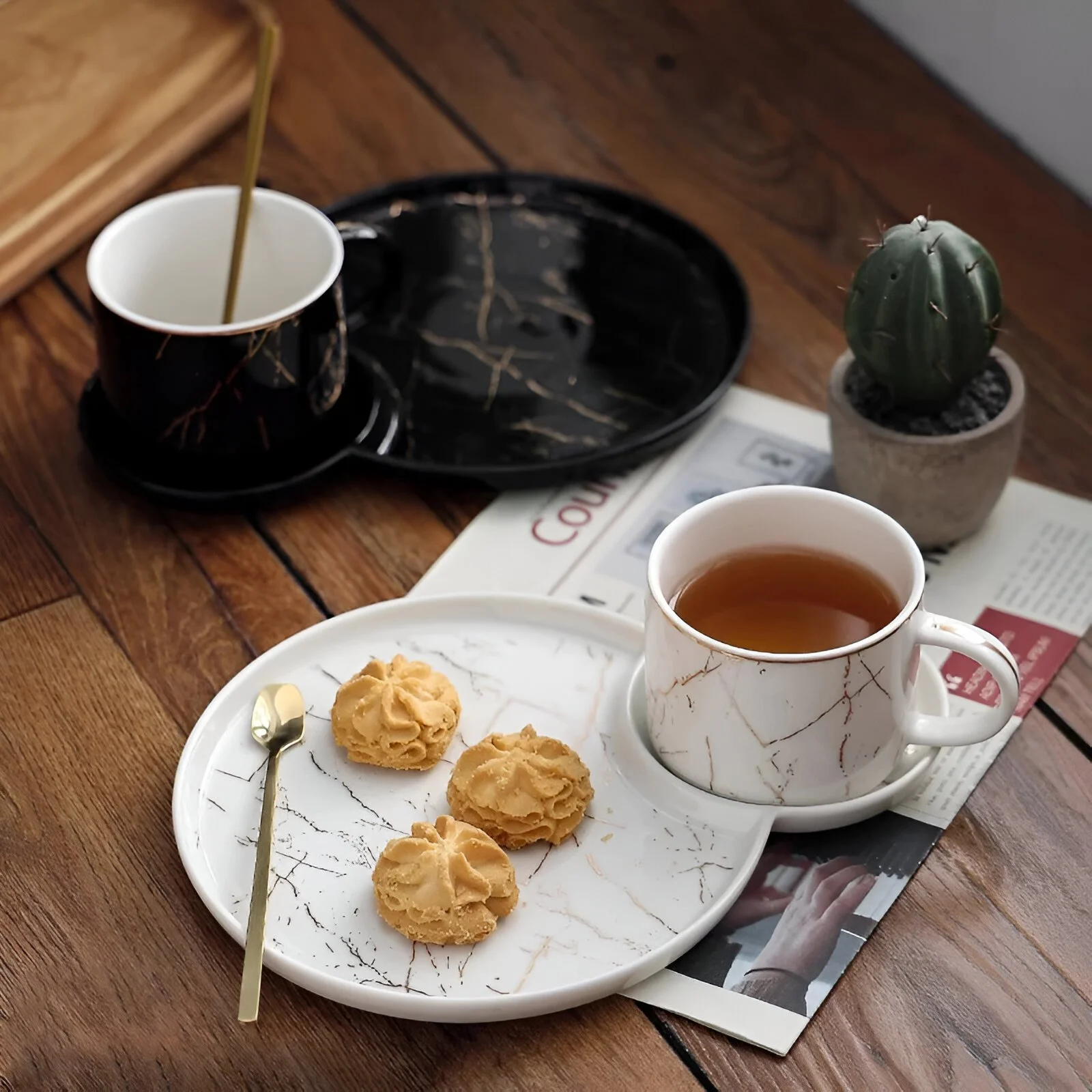 Elegant 200ML Marble Ceramic Coffee Cup & Saucer Set – Black & White Tea Mug