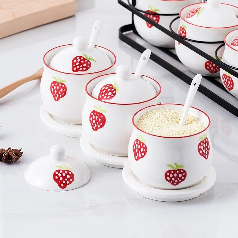 Korean Strawberry Ceramic Spice Jar Set