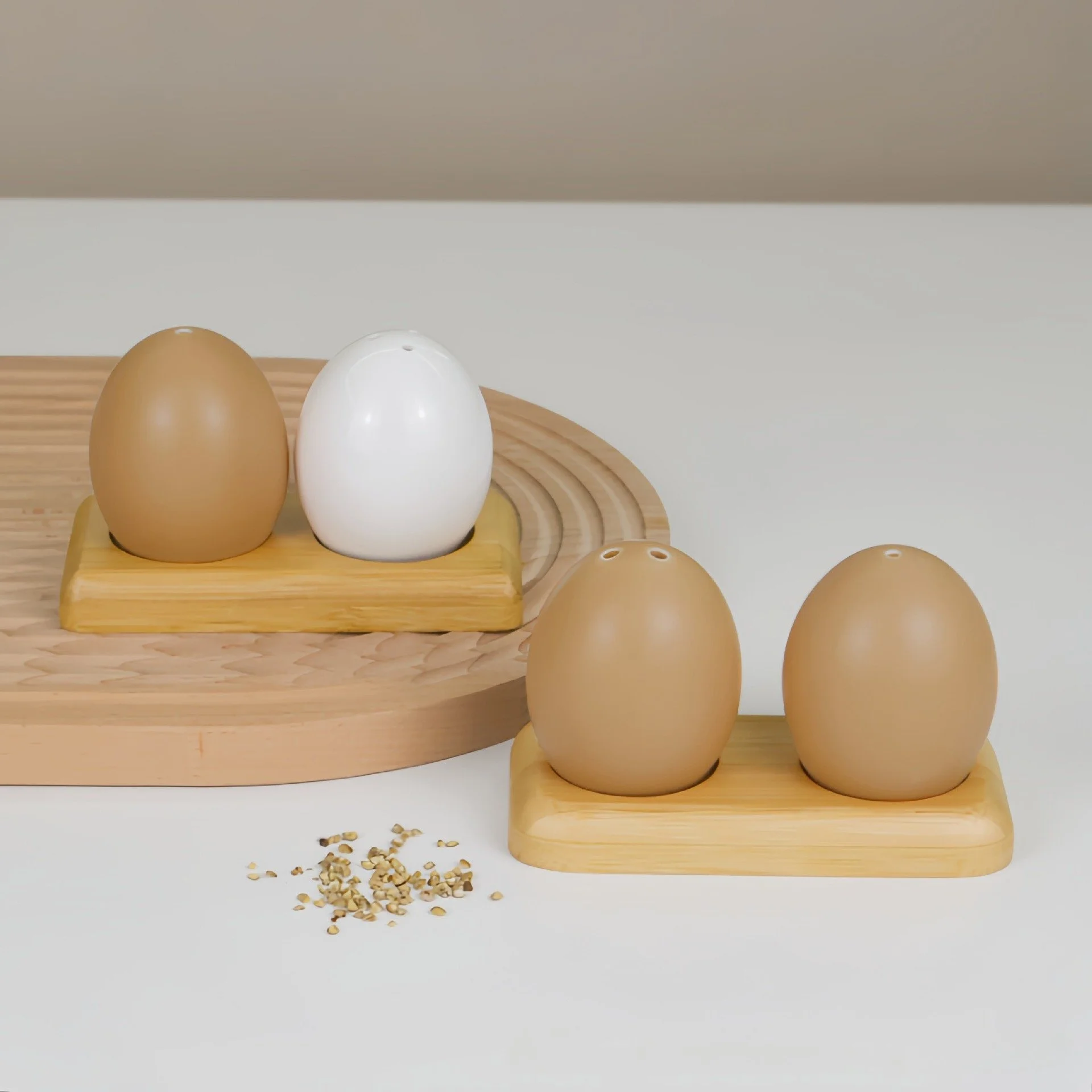 Korean Egg-Shaped Ceramic Seasoning Jar Set with Bamboo Base