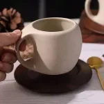 Retro Ceramic Coffee Cup & Saucer Set with Wooden Coaster and Spoon