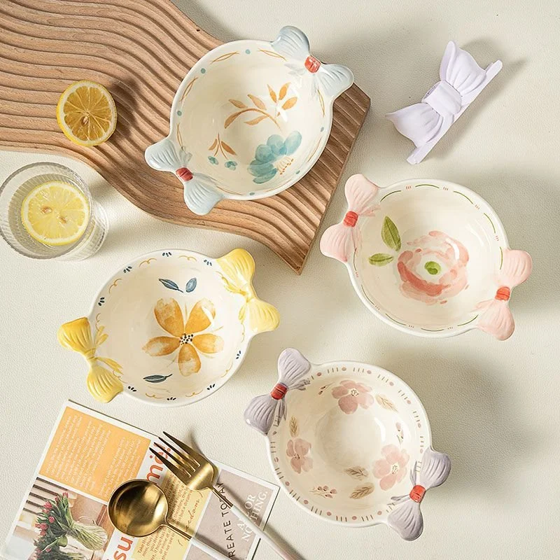 Cream Floral Ceramic Double Ear Bowl – Hand-Painted Heat-Resistant Porcelain