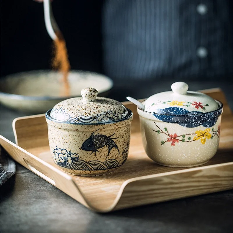 Ceramic Seasoning Jar with Lid and Spoon – Japanese Style Condiment Storage (11 oz)