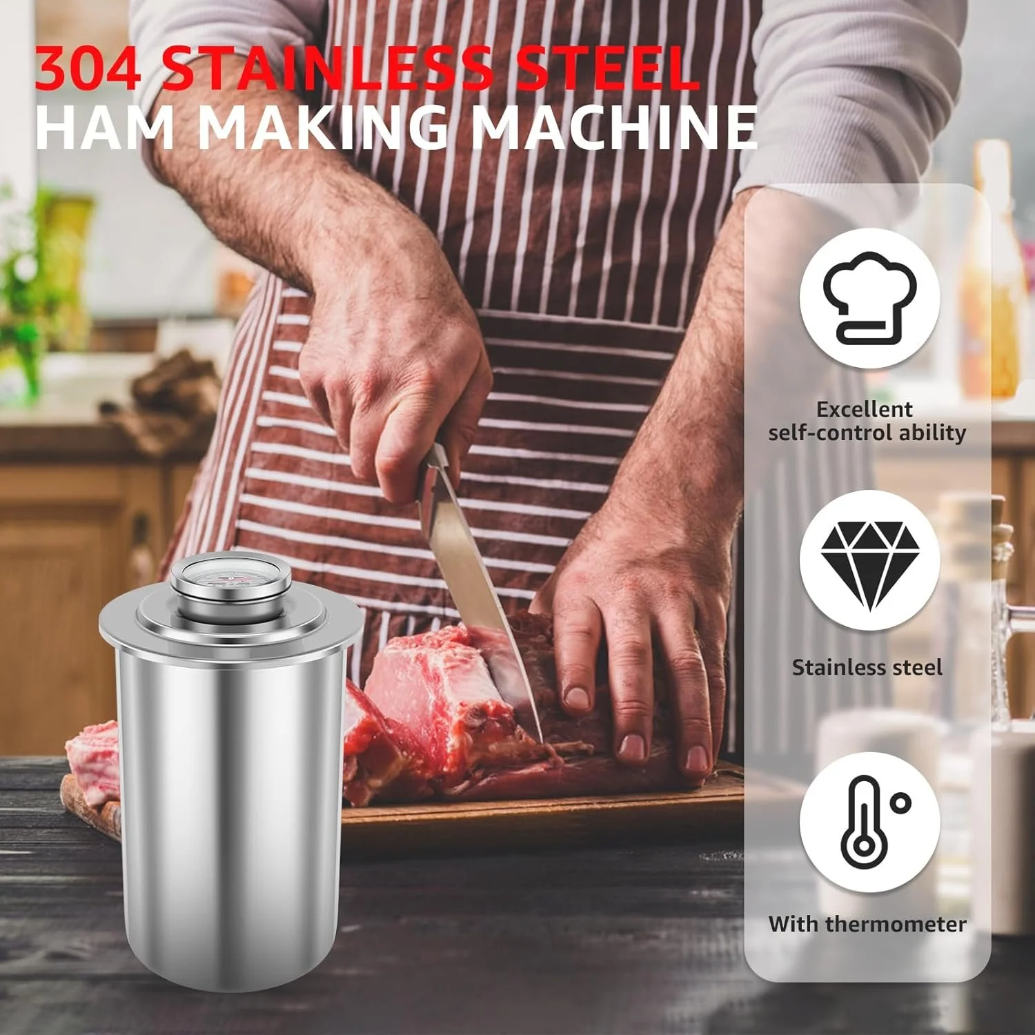 Stainless Steel Hamburger & Ham Press with Built-In Thermometer