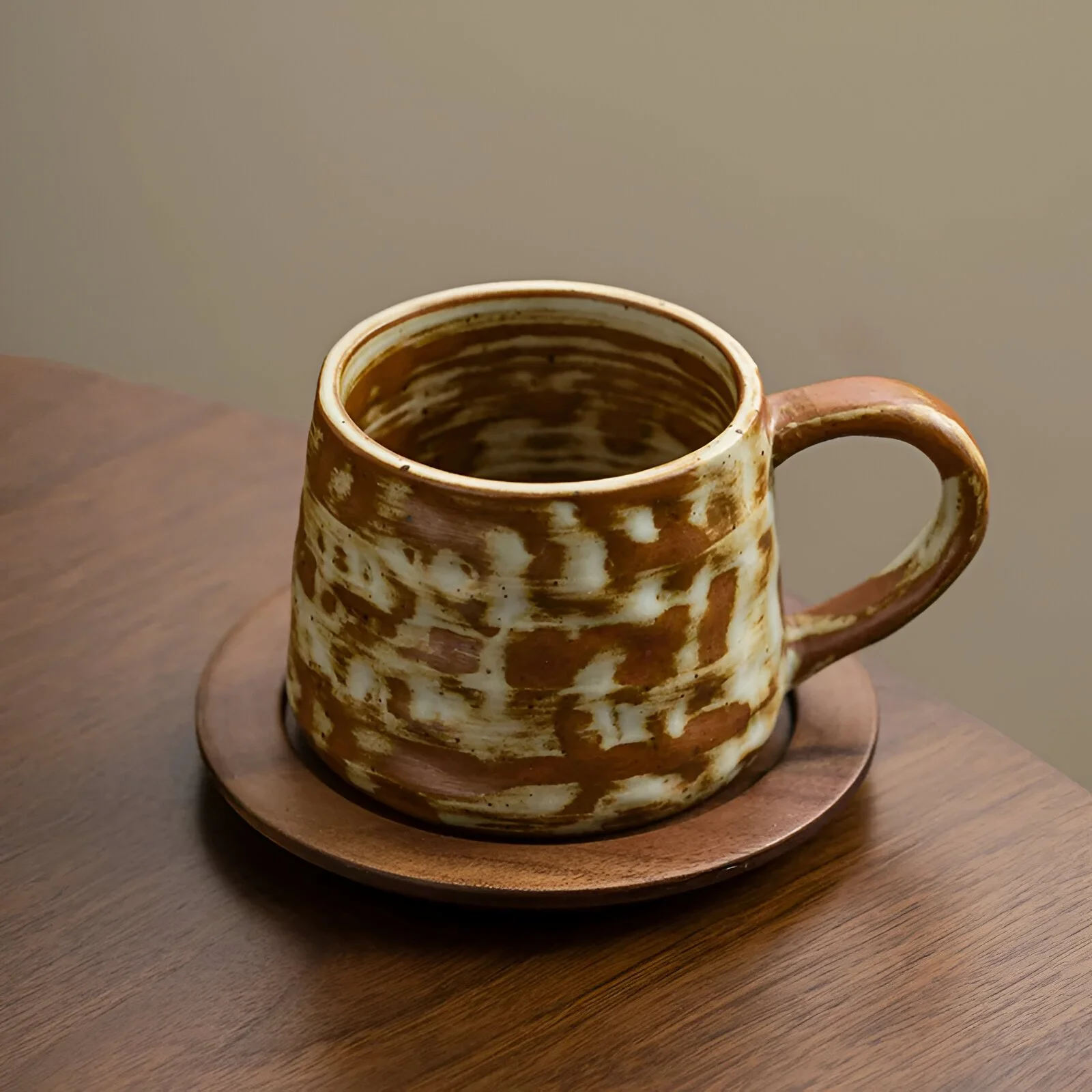 Japanese Style Retro Ceramic Coffee Mug with Saucer – Handmade Pottery Masterpiece