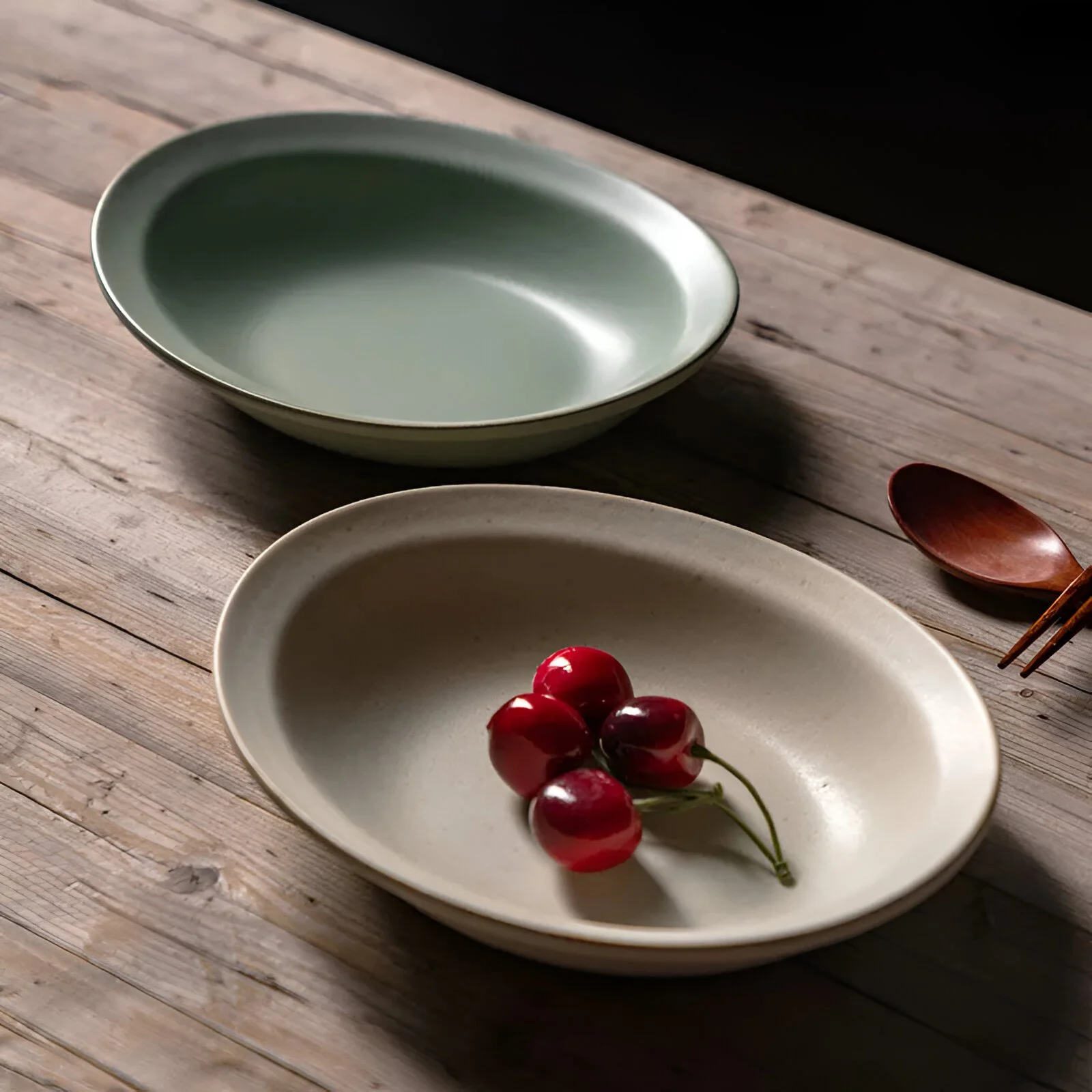 Japanese Rustic Ceramic Boat-Shaped Plate – Light Green Oval Retro Dish Set